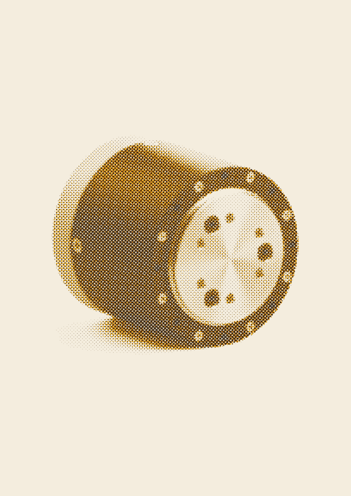 The HD 01 actuator, halftone printed: black cylindrical housing with a honey band, machined face plate forward.